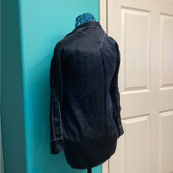 💥PRICE DROP💥 Hahn Pickstitch Silk Satin Pajama Shirt, Navy/White - Picture 5 of 8